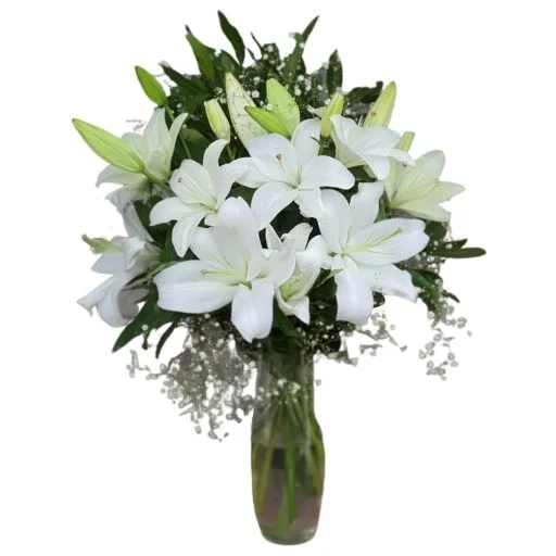 Florero con flores liliums lirios blancos